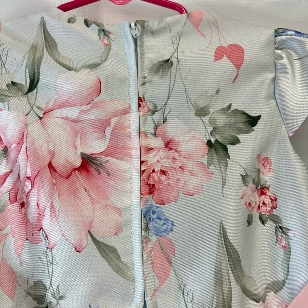 Rare Editions Girls flowery short sleeve dress with front bow and back bow - Picture 8 of 9